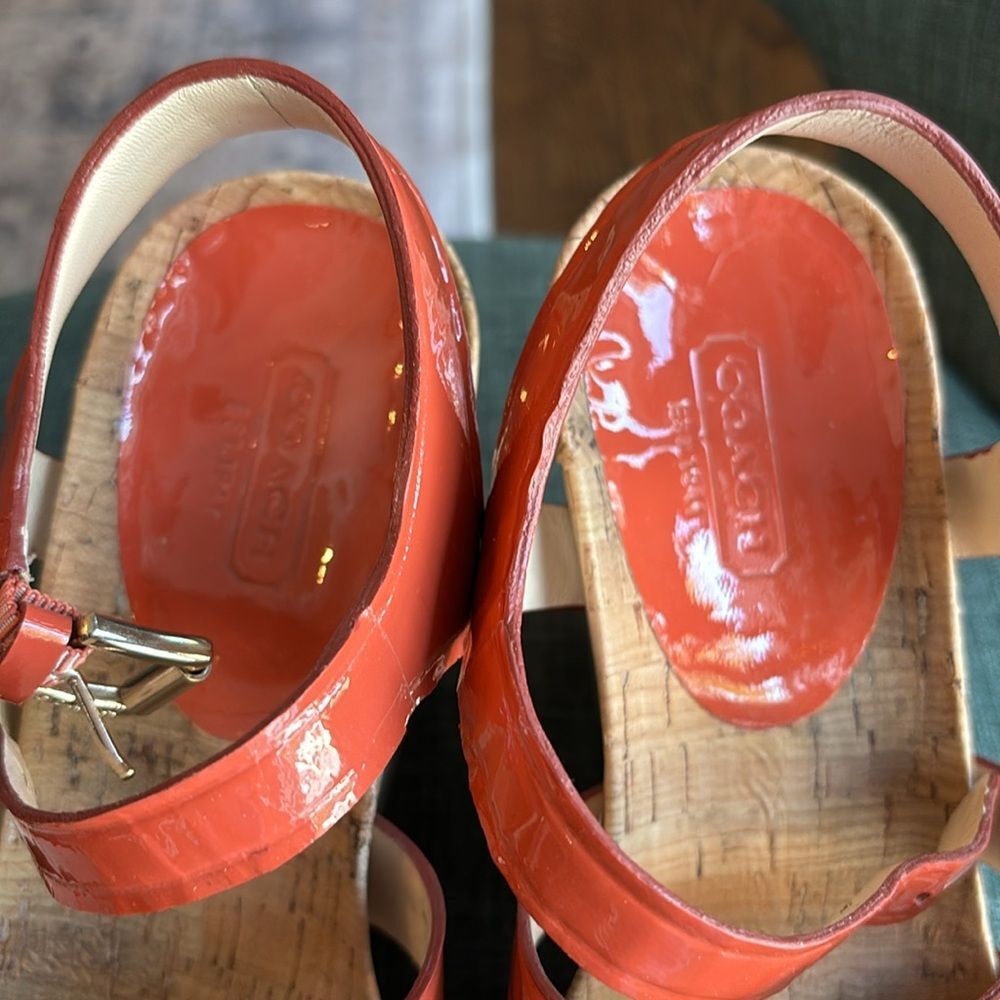 Coach Fran Wedge Ankle Strap Sandals Women sz 7 orange platform patient leather - Picture 3 of 9